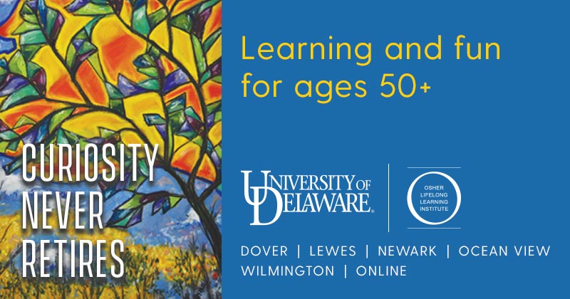 Graphic that features the tag line "Curiosity Never Retires" and a colorful painting by Mary Kate McKinley.